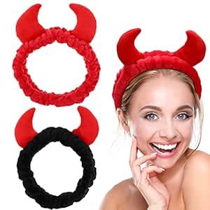 Beaupretty 2 Pack Spa Headband for Women, Devil Horns Facial Headband Face Wash Headband Makeup Cosmetic Shower Soft Hair Band (Black, Red)