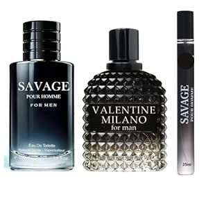 Clashoky Savage Pour Homme & Valentine Milano Cologne For Men Combo Set + Travel Spray, Eau De Toilette Natural Spray Fragrance Men, Masculine Scent All Skin Types, 3.4 Fl Oz Each (Pack of 3)