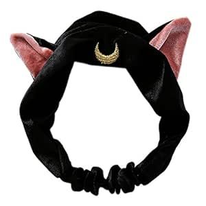 Moon Cat Ears Makeup Cosmetic Shower Elastic Hair Band Headband for Women Men Girls Head Wrap Accessories TS12 (Black)