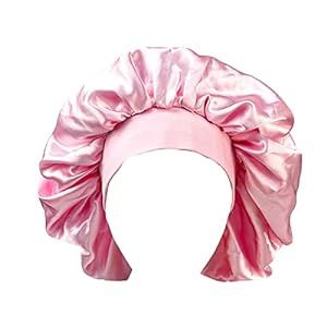 The Vintage Cosmetic Company Satin Sleep Bonnet, Helps Prevent Overnight Frizz and Hair Damage, Reduces Split Ends and Excess Drying, Gently Elasticated, Pink Design