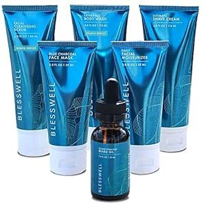 Blesswell Men’s Skin Care Daily Routine - 6 Piece Set Includes Face Cleansing Scrub, Lathering Body Wash, Ultimate Shaving Cream, Moisturizer, Blue Charcoal Face Mask & Beard Oil - For All Skin Types