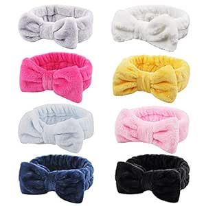 Ondder 8 Pack Spa Headbands Makeup Bow Face Wash Bowknot Headbands for Washing Face Solid Color Facial Headbands Fluffy Skincare Shower Spa Cosmetic Headband Bow Hair Band for Women Girls