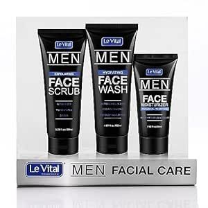 Le Vital Men's Essential Skin Care 3 Piece Set,Including Face Cleanser, Exfoliating Scrub & Day Cream Face Moisturizer Gift Set For Men