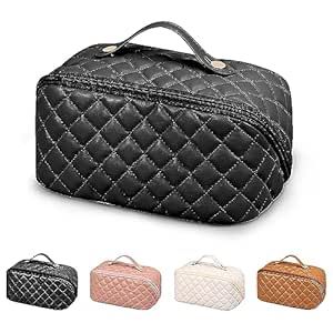 Originbuty Large Capacity Waterproof Cosmetic Bag,Makeup Bag with Handle and Divider,Large Wide-open Pouch for Women Purse for Makeup Brushes Travel Accessories for Women and Gifts (Lozenge Black)