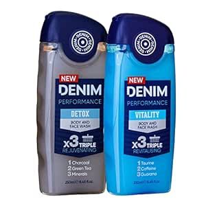 Denim Performance Men's Body & Face Wash Combo Pack - (2 Pack) Bottles 250 ML (8.45 oz) - Detox, Vitality - Refreshing Cleanser, Skin Detoxifier