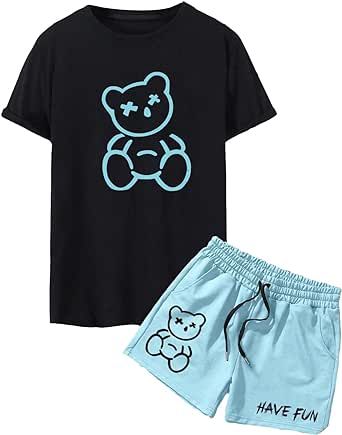 GORGLITTER Men's Casual 2 Piece Outfits Bear Graphic Print Tee and Drawstring Waist Track Shorts Set with Pockets