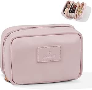 Pocmimut PU Leather Makeup Bag Small Travel Makeup Bag,Open Flat Small Makeup Bag for Purse,Purse Pouch,Small Makeup Pouch for Women(Pink)
