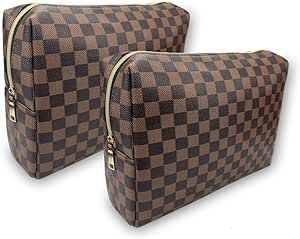 bopomofo 2 Pcs Brown Checkered Makeup Bag Set, Large Travel Pouch Bag Organizer, Makeup Pouch Bag with Zipper for Beauty and Toiletries Travel Toiletry Bag for Women and Girls,2 Pcs Pouch
