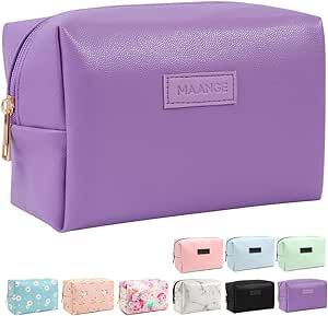 MAANGE Small Makeup Bag For Purse, Travel Cosmetic Bag Makeup Pouch PU Leather Portable Versatile Zipper Pouch For Women (Purple)