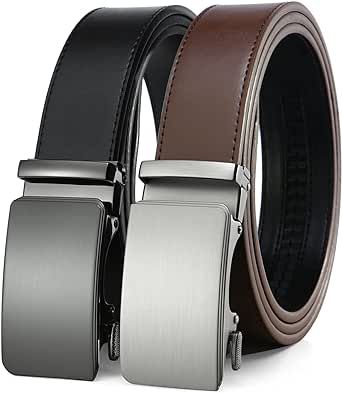 2 Pack Ratchet Belt 1 3/8", Mens leather Dress Belt in Gift Set Size 28"-62" Adjustable waist Trim to Fit