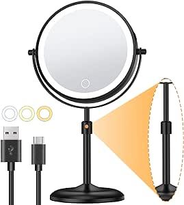 Gospire Lighted Makeup Mirror with Magnification 10X, 3 Color Dimmable Lights & Height Adjustable 7" Cosmetic Mirror, 360° Swivel Double Sided Rechargeable LED Vanity Mirror Cordless Standing Mirror