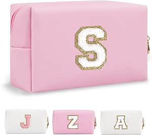Personalized Initial A-Z Preppy Patch Makeup Bag,Small PU Chenille Letter Cosmetic Bag with Zipper,Waterproof Cute Toiletry Organizer Bag,Monogram Makeup Case Gift for Women Girls,Letter S