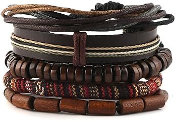 HZMAN Wrap Bracelets Men Women, Hemp Cords Wood Beads Ethnic Tribal Bracelets, Leather Wristbands