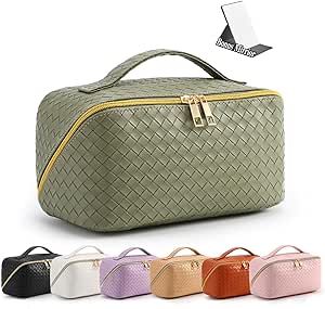 Large Capacity Travel Cosmetic Bag, Portable Checkered Makeup Bag for Women Travel Toiletry Bag with Extra Mirror,PU Leather Waterproof Makeup Organizor With Handle and Divider for Women Girls