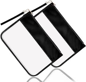 2 Pack Clear PVC Flat Pouch, PU Travel Makeup Bag Clear Zipper Pouch with Wristlet, DIY Chenille Letter Bag Waterproof Portable Small Clear Travel Toiletry Bag Cosmetic Pouch for Women Girls(Black)