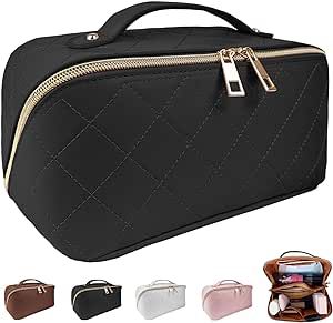 HEZALIA - Makeup Bag Large Capacity Travel Cosmetic Bag, Makeup Bag PU Leather with Handle and Dividers for Women, Waterproof Portable Lay Flat Travel Makeup Organizer (Black)