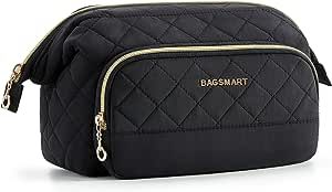 BAGSMART Travel Makeup Bag, Cosmetic Bag for purse, Make Up Brush Organizer Case for Women, Large Wide-open Portable Pouch for traveling Toiletries Accessories Brushes, Black