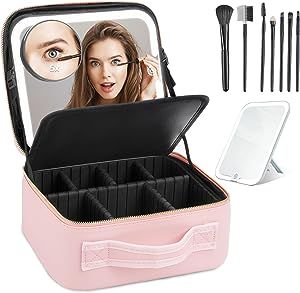 DROWIN Travel Makeup Train Case with Mirror of LED Light 3 Color Adjustable Brightness, Adjustable Dividers Cosmetic Bag for Women, Makeup Bag with 7 Makeup Brushes & Detachable 5x Magnifying Mirror