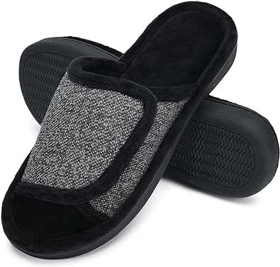 DL Adjustable Mens Slippers Memory Foam, Open Toe House Slippers For Men Comfy Indoor Outdoor, Cozy Breathable Slide Bedroom Velcor Slippers Size 7-14 Black Gray Navy Brown
