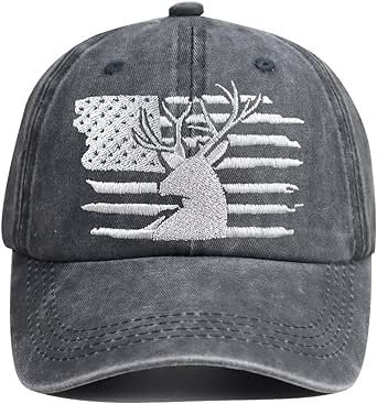 HHNLB Embroidered Funny American Flag and Deer Skull Hunting Hat, Distressed Cotton Wash Baseball Cap Gifts for Men Women