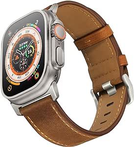 UUPWPOKT Compatible with Apple Watch Ultra 2 / Ultra Band 49mm 45mm 44mm 42mm Men Women, Top Grain Genuine Leather Band Strap for iWatch Ultra Series 9 8 7 6 5 4 3 2 1 SE, Retro Brown/Titanium
