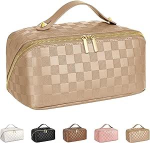 ALEXTINA Large Capacity Travel Cosmetic Bag - Portable Makeup Bags for Women Waterproof PU Leather Checkered Makeup Organizer Bag with Dividers and Handle,Toiletry Bag for Cosmetics, Khaki