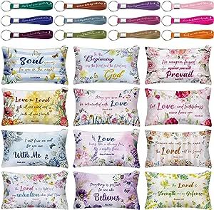 Siifert 12 Pcs Bible Verse Makeup Bags Bulk with 12 Quote Keychains Inspirational Canvas Cosmetic Bags Religious Scripture Bag Makeup Pouch Christian Gifts for Women Friend Sister Teacher Employee