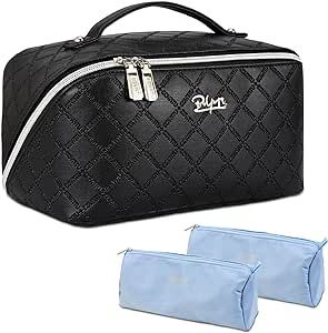 BOYATU Makeup Travel Organizer, Travel Toiletry Bag Large Wide-open Cosmetic Pouch Skincare Bag with 2 Bags in Gift Box,Gifts for Women(Black)