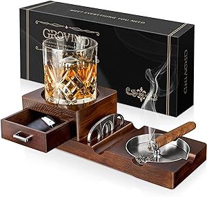 Grovind Cigar Ashtrays, Whiskey Glass Tray and Wooden Ash Tray Detachable Outdoor Ashtray for Cigarettes, Cigar Accessories Gift Set with Cigar Cutter, Great Decor for Home Office Cigar Gifts for Men
