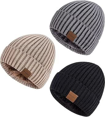 Nertpow Mens Beanie Hats 3 Pack, Winter Hats for Men Women Warm Thermal Fleece Lined, Knit Fashion Cuffed Skull Cap for Guys
