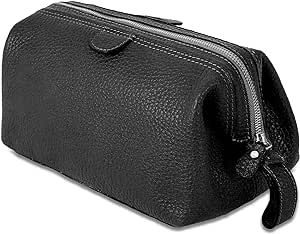 KomalC Large Premium Leather toiletry bag for Women and Men, travel utility Dopp kit wash bag (Black)