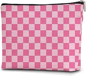 Pink Checkered Makeup Bag, Cosmetic Bag Pouch for Women, Large Capacity Portable Toiletries Zipper Pouch for Women Sister Friends Girls Ladies-B08